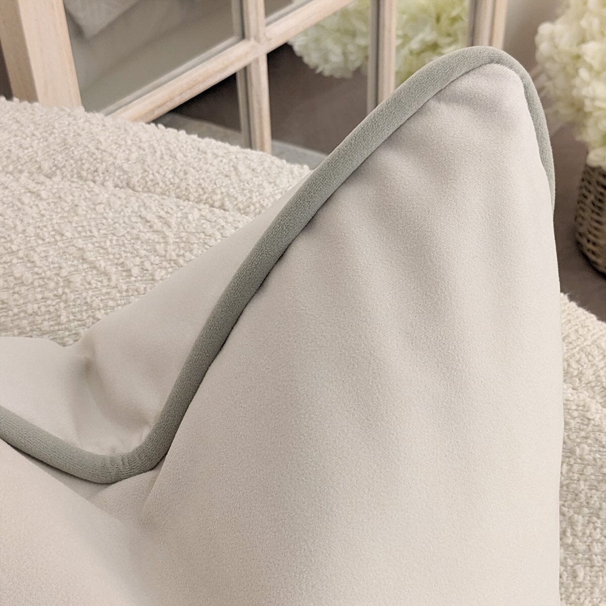 Ari Cream Velvet Cushion with Sage Green Piping - 30x50cm