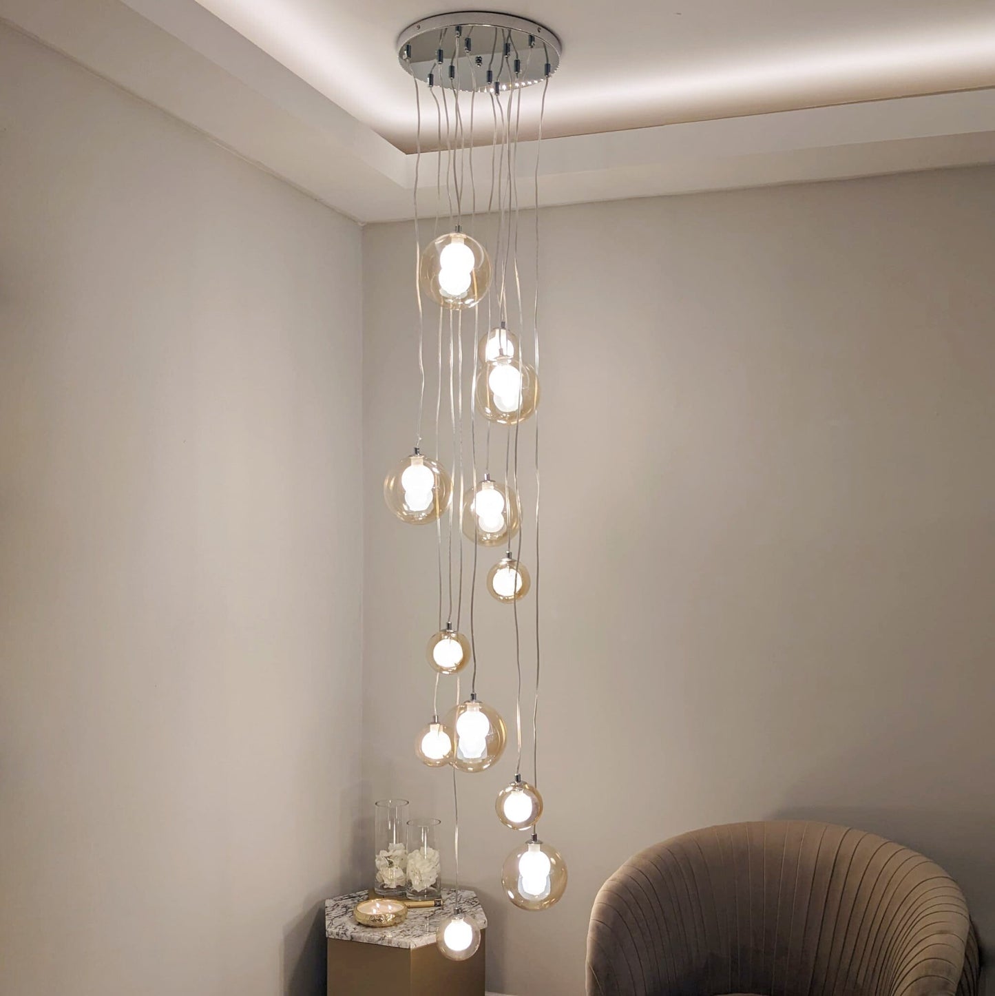 In Stock - Ottilie Amber Glass 12 Light Pendant