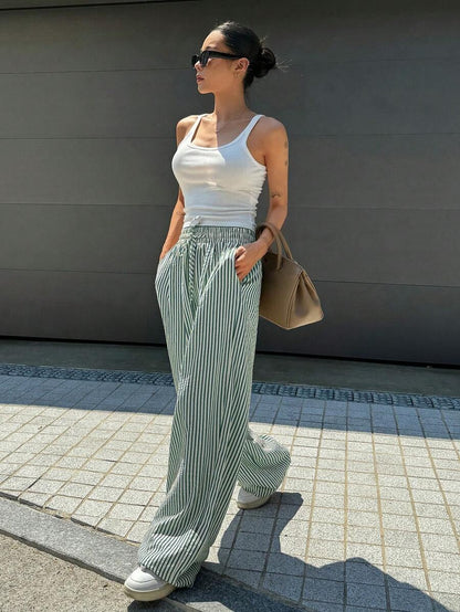 Casual Drawsting Striped Wide-Leg Pants