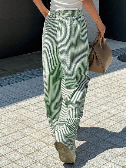 Casual Drawsting Striped Wide-Leg Pants
