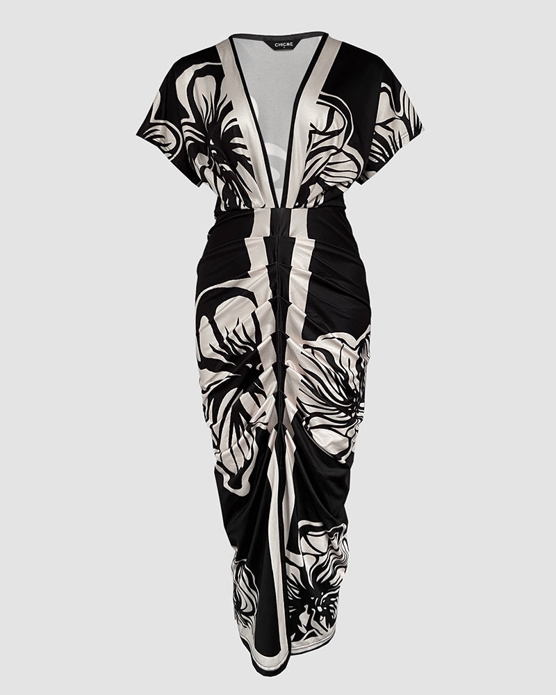 Floral Print V Neck Short Sleeve Ruched Dress