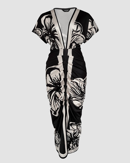 Floral Print V Neck Short Sleeve Ruched Dress
