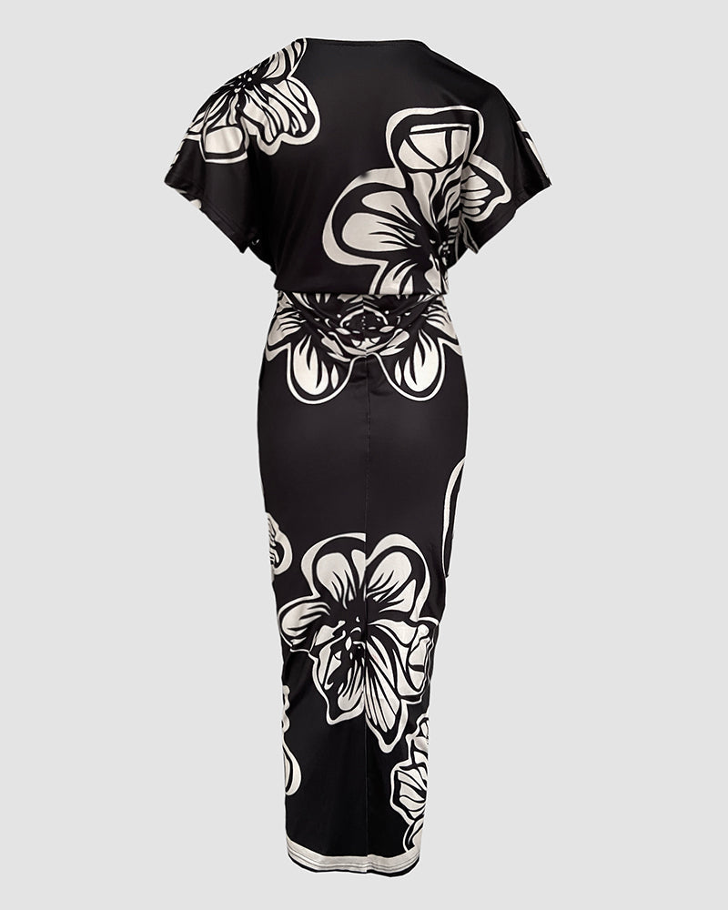 Floral Print V Neck Short Sleeve Ruched Dress