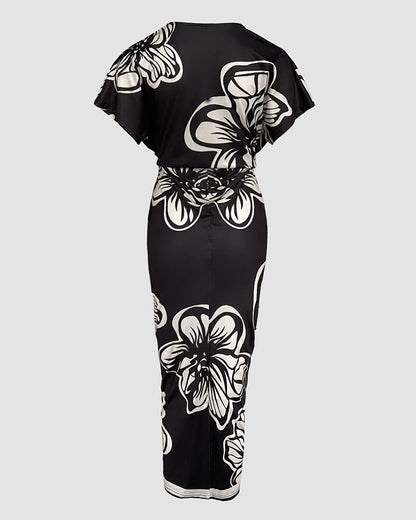Floral Print V Neck Short Sleeve Ruched Dress