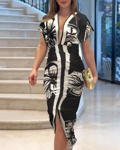 Floral Print V Neck Short Sleeve Ruched Dress