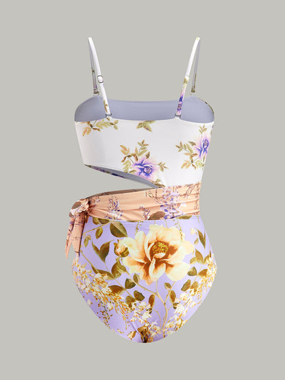 Print Cut-Out Bow Spaghetti Strap One-Piece Swimsuit