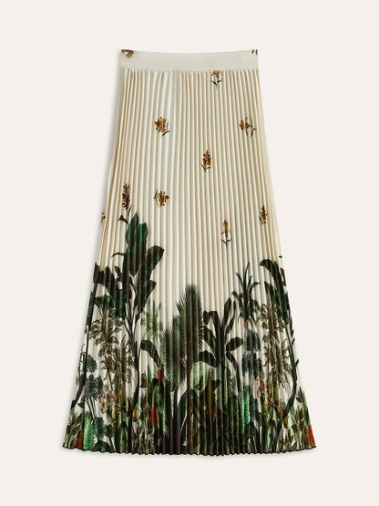 Boho Print Mid-Waist Oversized Pleated Zipper Skirt