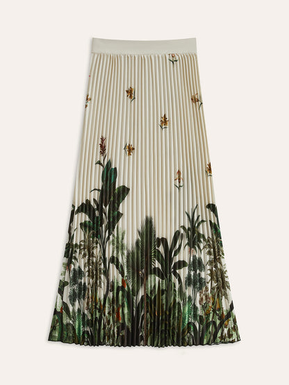 Boho Print Mid-Waist Oversized Pleated Zipper Skirt