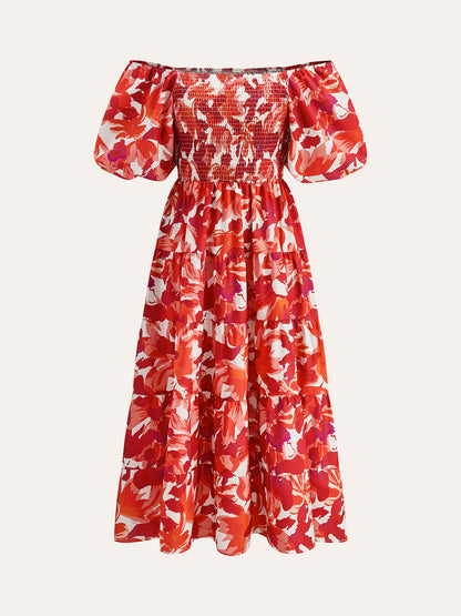 Off-Shoulder Smocked Floral Dress