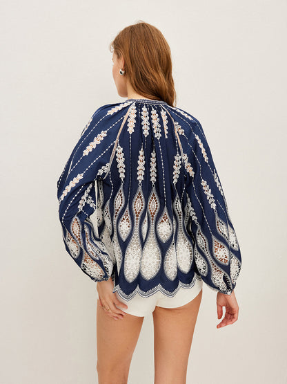 Semi-Sheer Embroidered Tie-Neck Blouse