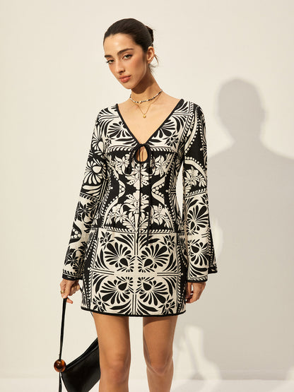 Printed Tie-Front Bell Sleeve Dress