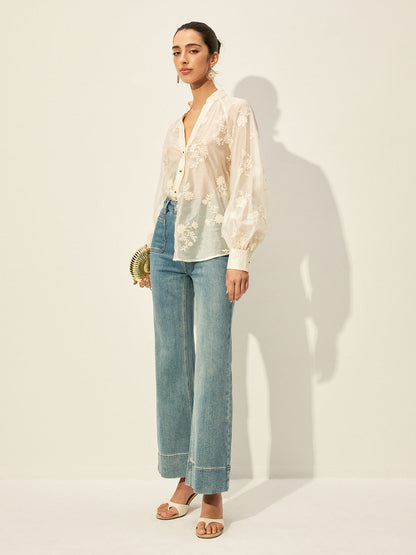 Semi-Sheer Embroidered Button-Front Blouse