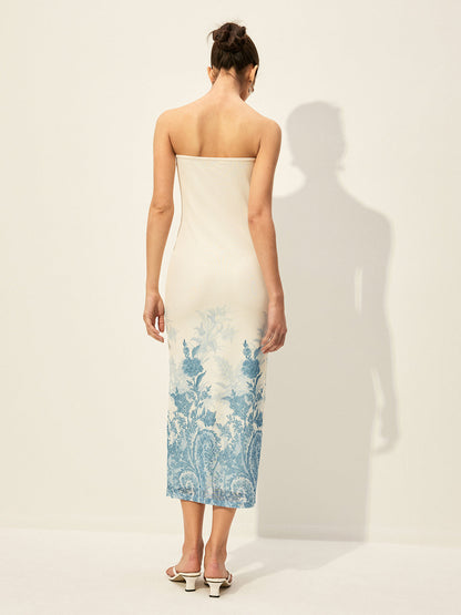Strapless Mesh Dress With Floral Print Hem
