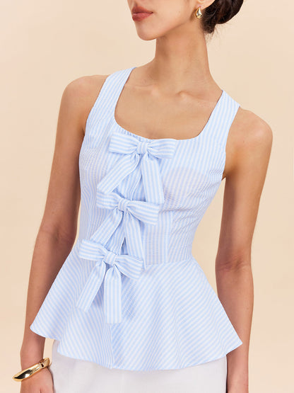 Striped Peplum Top With Bow Details