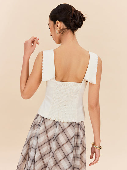 Cotton & Linen Scalloped Collar Buttoned Top