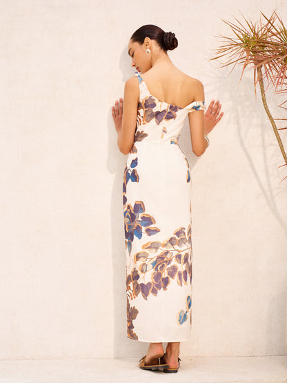 Boho Print Asymmetrical Neck Zipper Split Dress