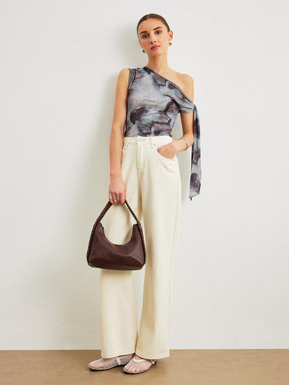 Boho Print  Asymmetrical Neck Mesh Draped Blouse