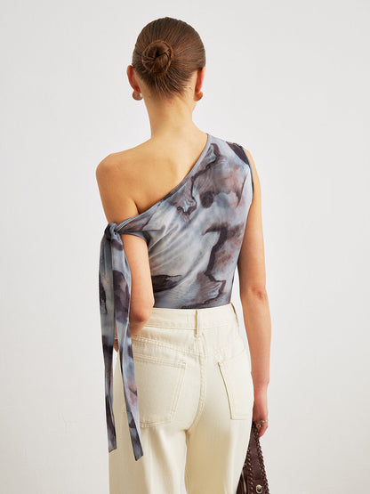 Boho Print  Asymmetrical Neck Mesh Draped Blouse