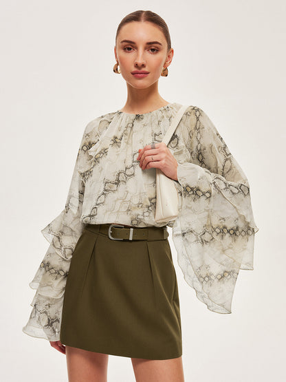 Semi-Sheer Print Ruffle Sleeve Chiffon Blouse