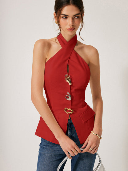 Cotton & Linen Cross-Back Halter Top With Decor Pockets