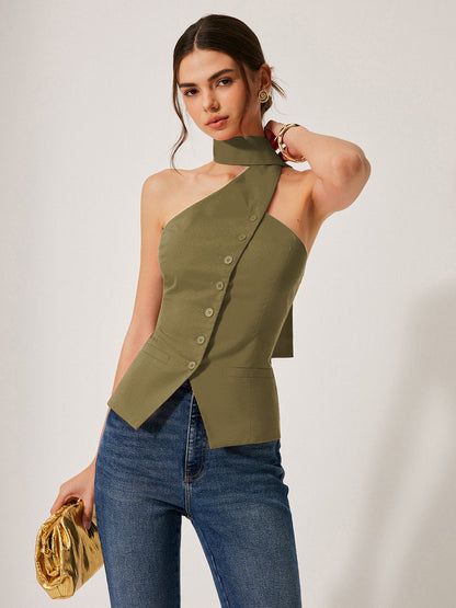 Cotton & Linen Halter Top With Decor Pockets