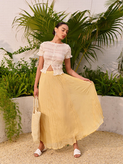 High-Waist Asymmetric Hem Crinkled Skirt