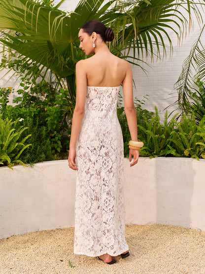 Sheer Jacquard Floral Lace Panel Strapless Dress