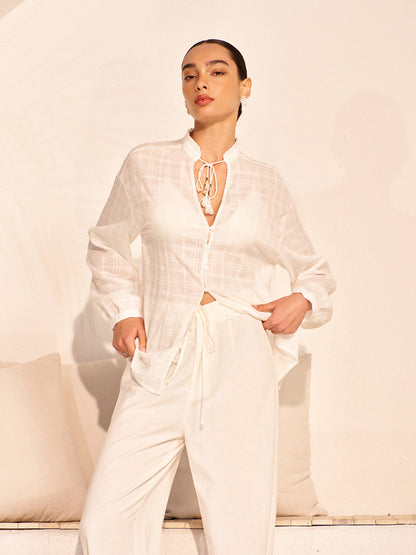 Semi-Sheer Tassel Tie Shirt