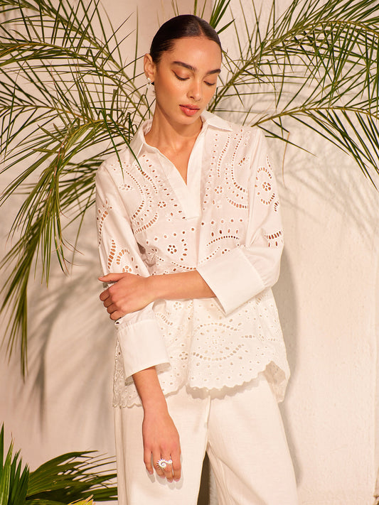 Cotton Eyelet Embroidered Semi-Sheer Top