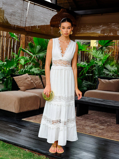 Semi-Sheer Lace Trim V-Neck Dress