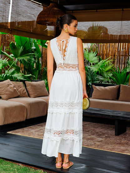 Semi-Sheer Lace Trim V-Neck Dress