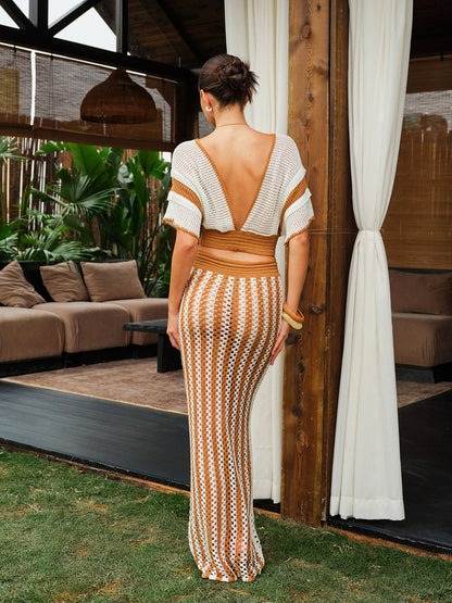 Crochet Stripe Skirt Set With Tassel Tie Waist