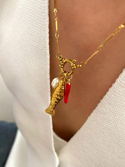 Fish & Chili Pendant Link Chain Necklace
