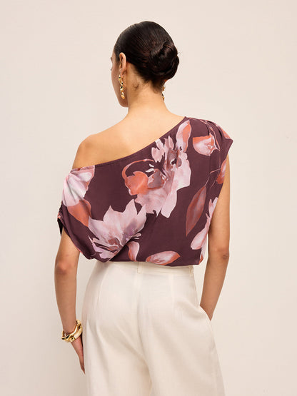 One-Shoulder Floral Belted Blouse