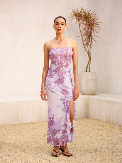Strapless  Floral Print Split Dress
