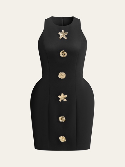Metal-Button High-Neck Short Dress