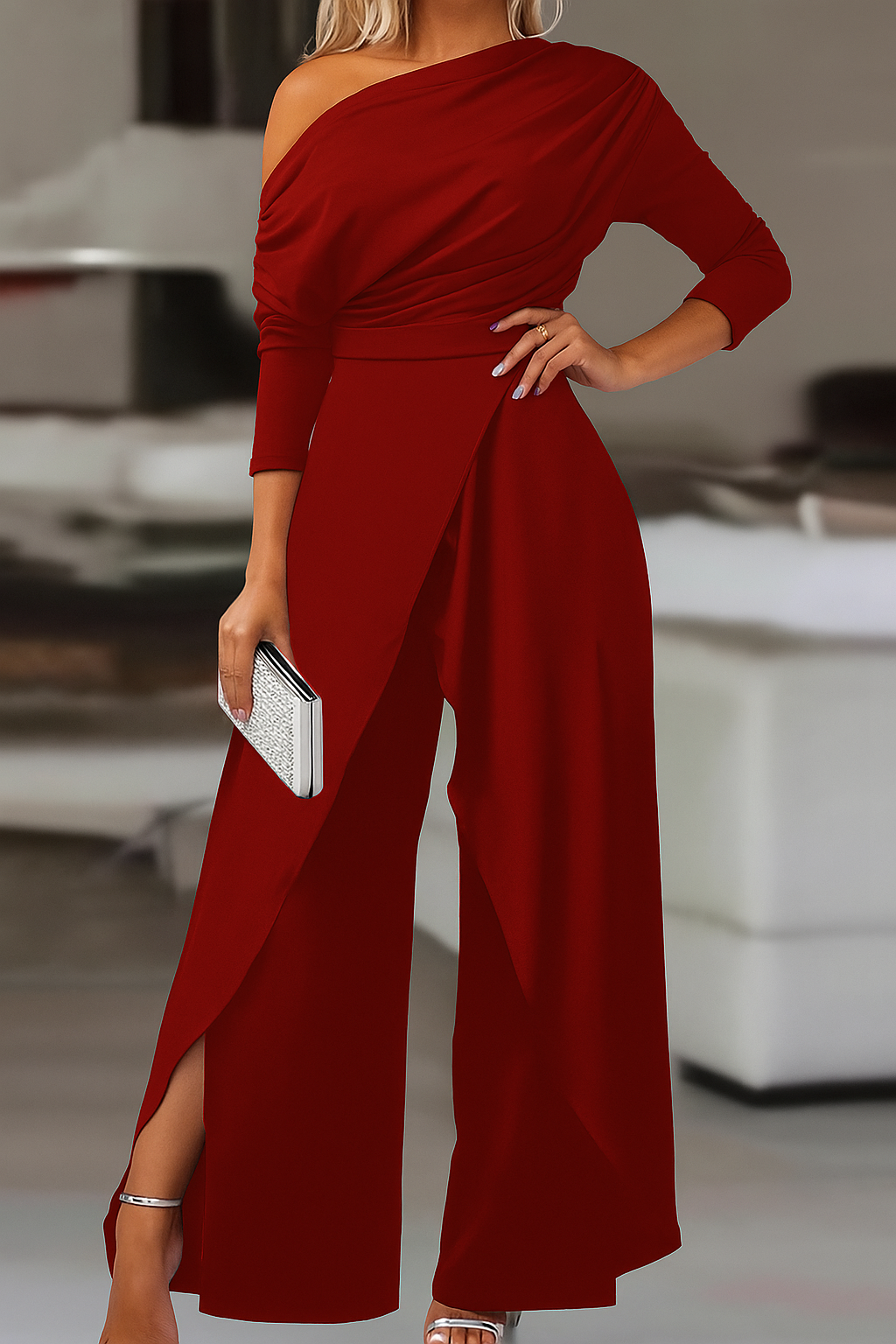 Plain Ruched Wrap Split Hem Jumpsuit