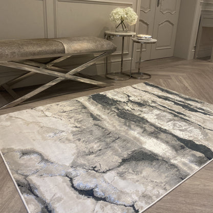 In Stock - Glacial Cream & Grey Marble Wash Velvet Rug - 200 x 290cm