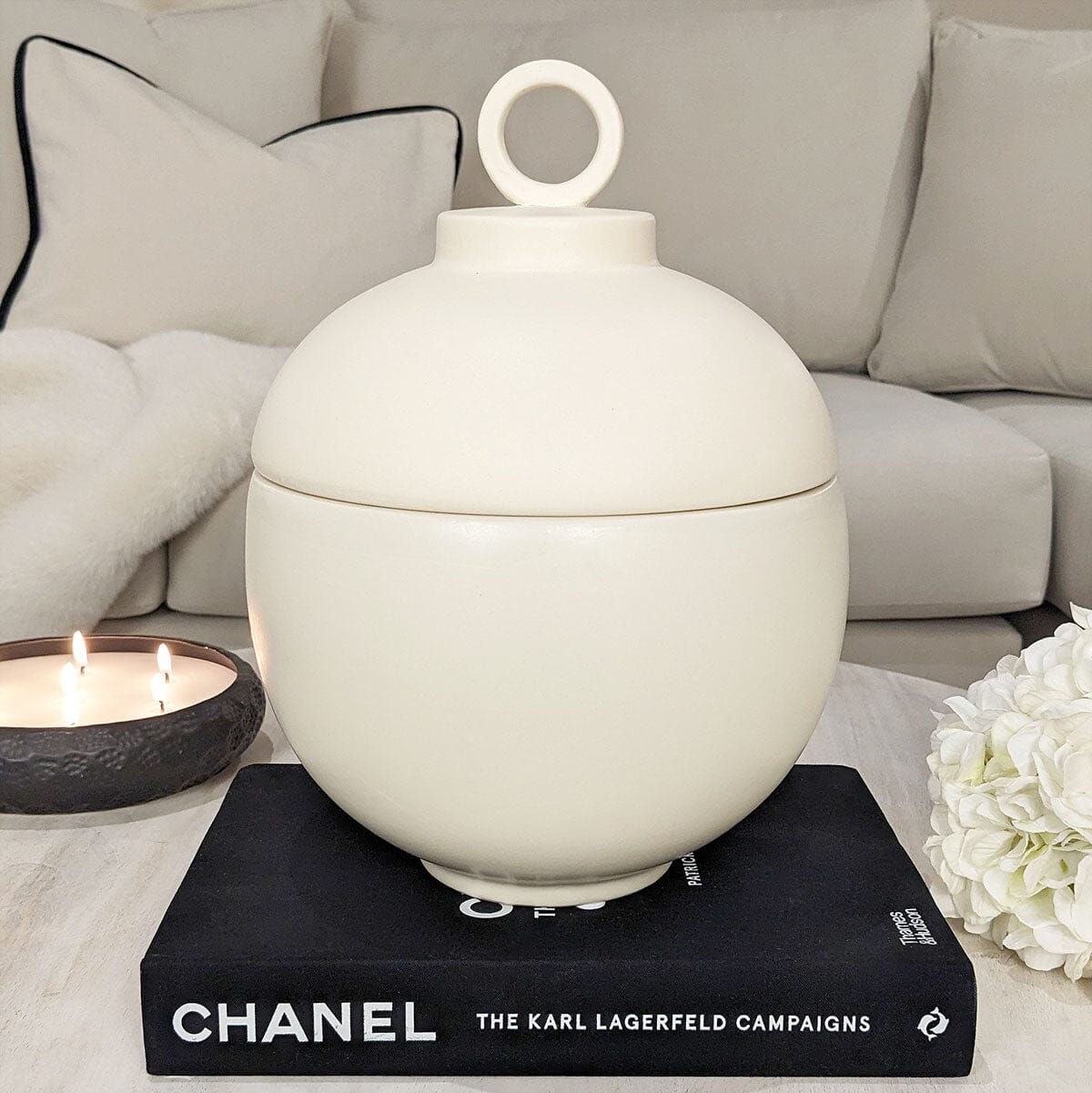 Colton Large Cream Ceramic Lidded Decorative Jar