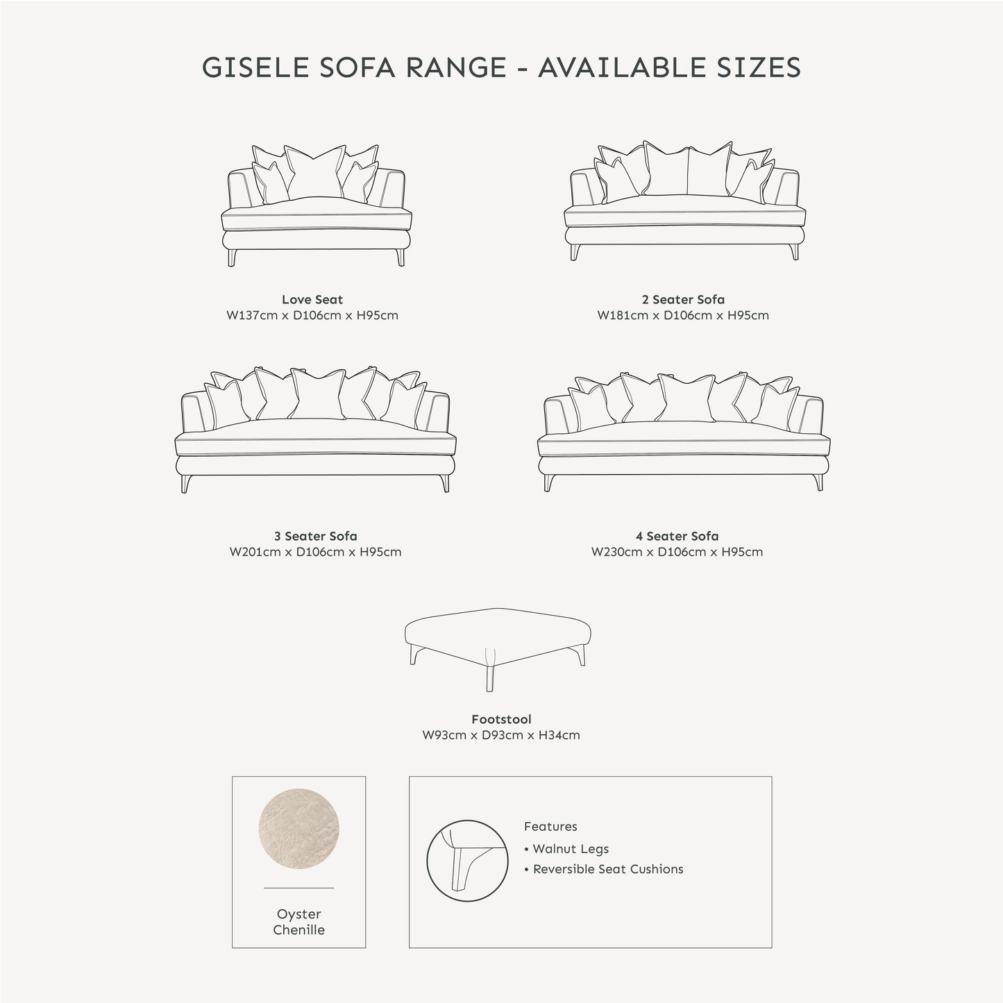 In Stock - Gisele Oyster Textured Chenille, Pillowback Sofa Range With Walnut Legs - Love Seat