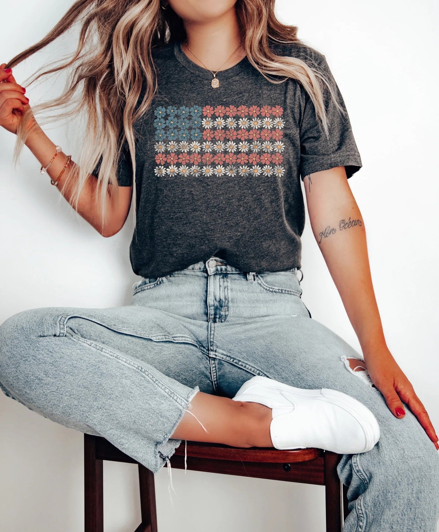 American Flag RWB Floral T-Shirt