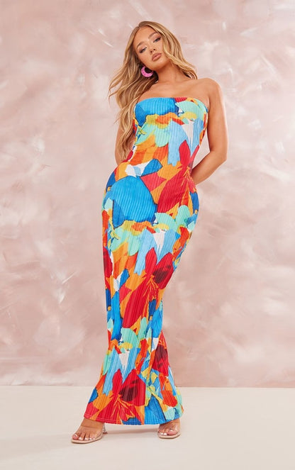 Multi Floral Print Plisse Bandeau Cowl Back Maxi Dress