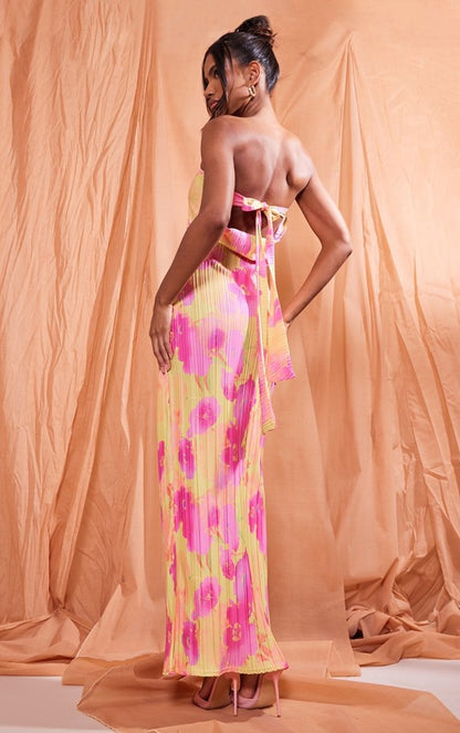 Multi Floral Print Plisse Bandeau Cowl Back Maxi Dress