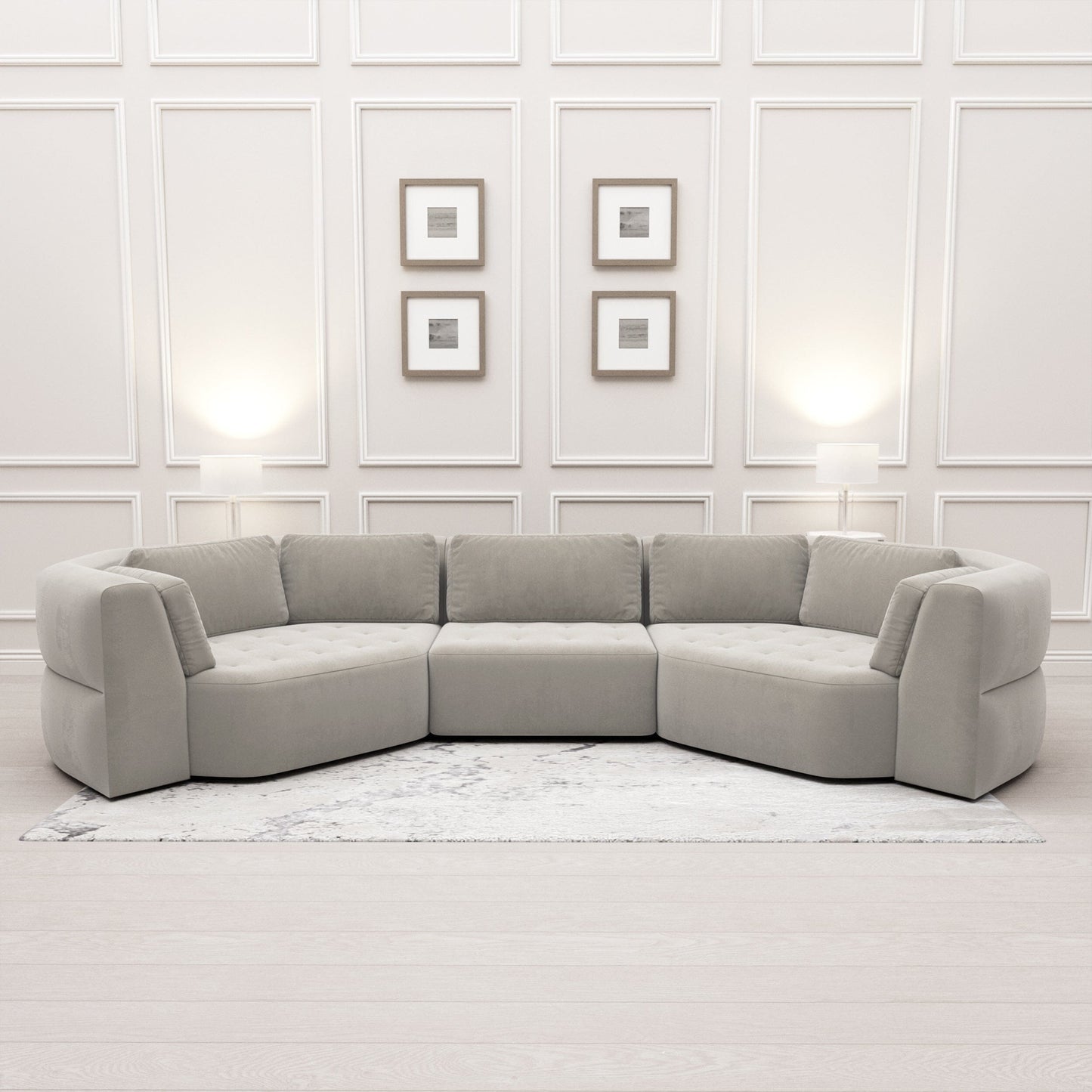 In Stock - Cuddle XL Luxury Mist Grey Velvet Angled U Shape Sofa