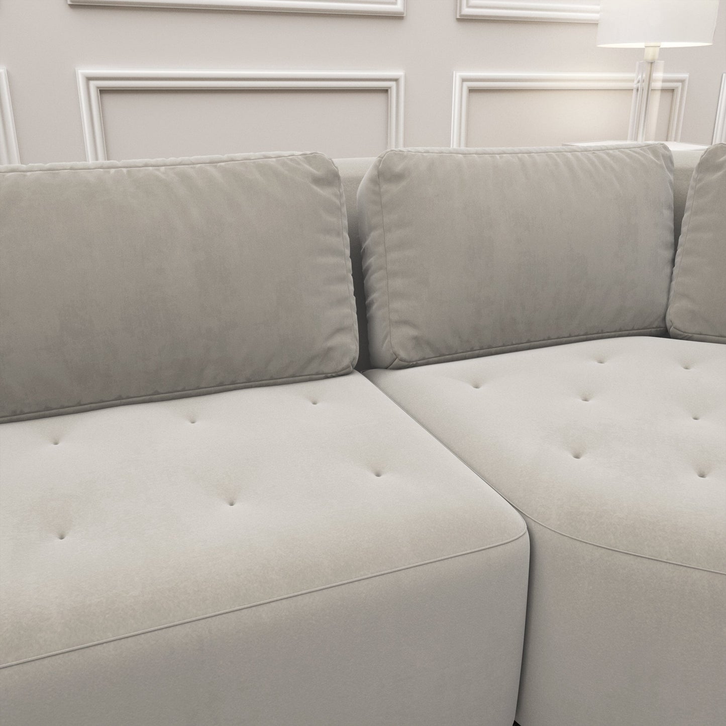 In Stock - Cuddle XL Luxury Mist Grey Velvet Angled U Shape Sofa