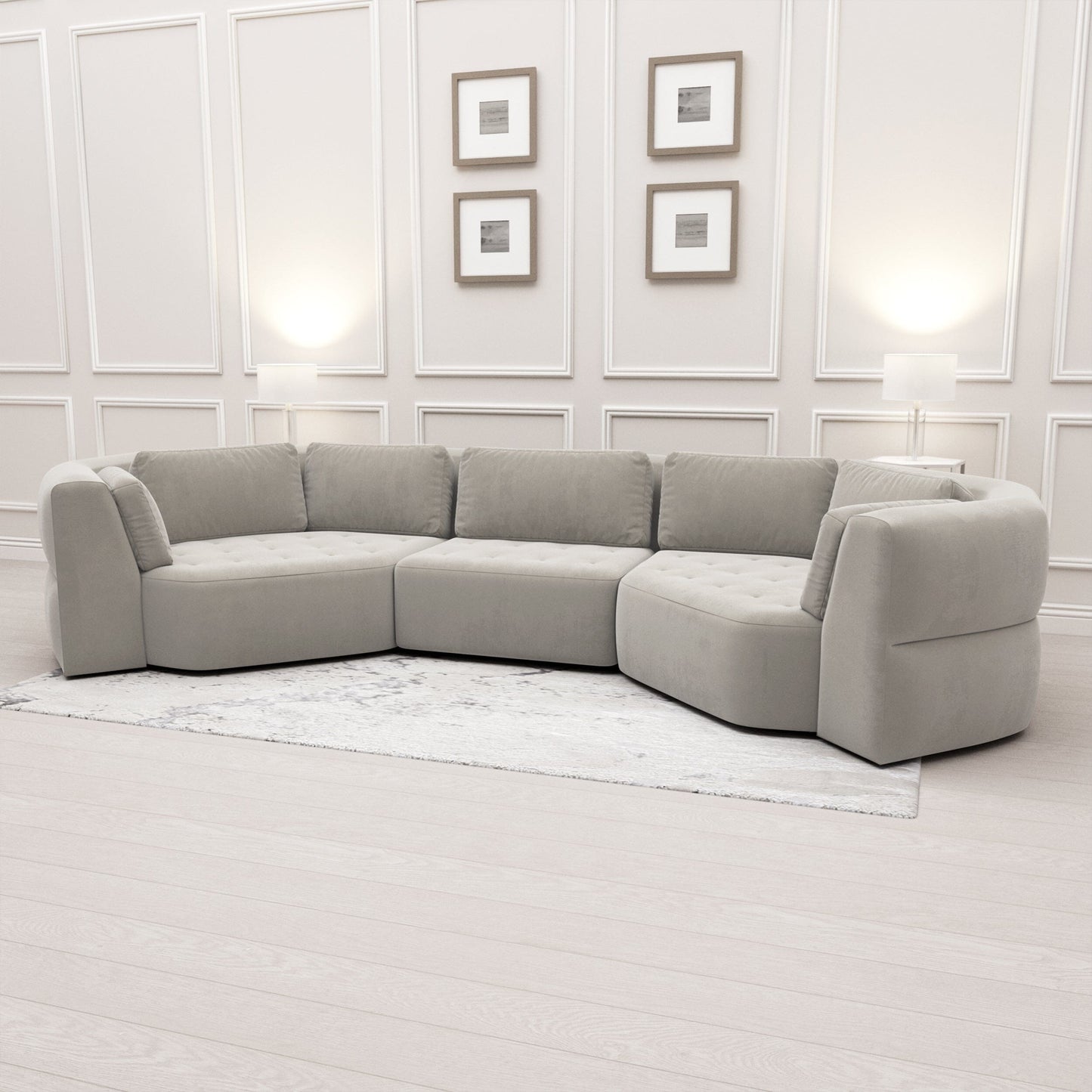 In Stock - Cuddle XL Luxury Mist Grey Velvet Angled U Shape Sofa