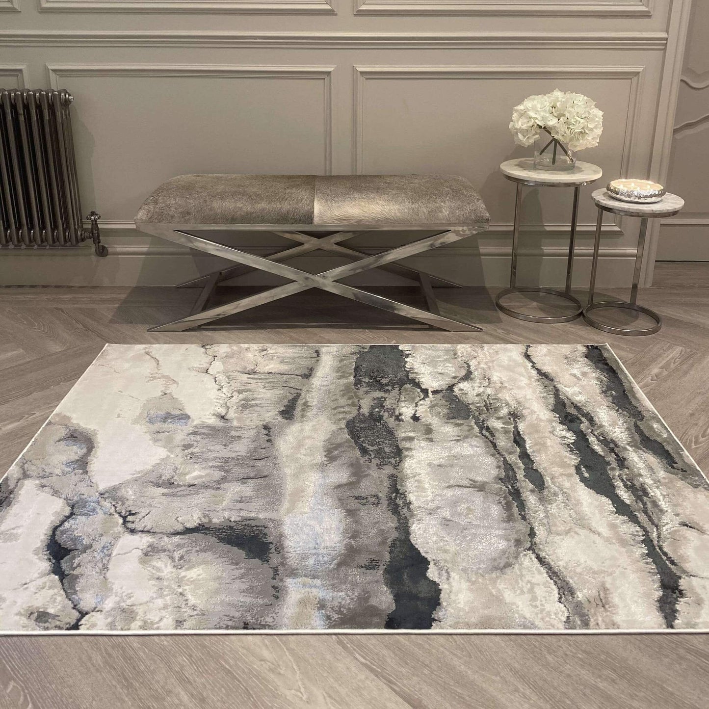 In Stock - Glacial Cream & Grey Marble Wash Velvet Rug