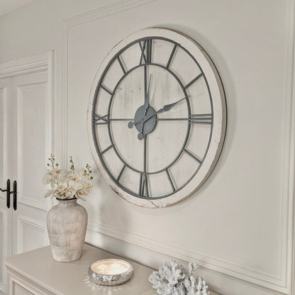 In Stock - Porter Distressed White Wash Round Wall Clock