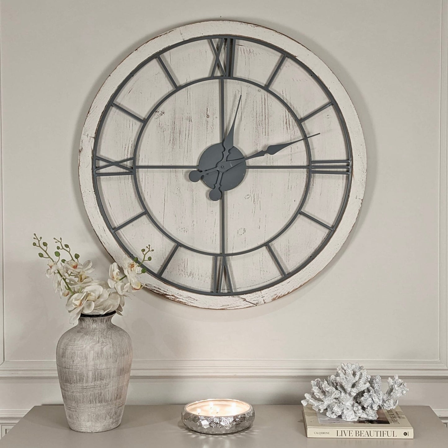 In Stock - Porter Distressed White Wash Round Wall Clock