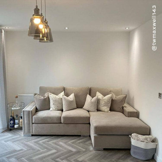 In Stock - Olivia Mink Premium Small Corner Sofa - Left Hand Facing (Without Studs)
